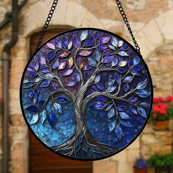 Blue Purple Tree of Life s Colorful Glass Panel Plants Suncatcher Decor for Birt - Picture 6 of 6